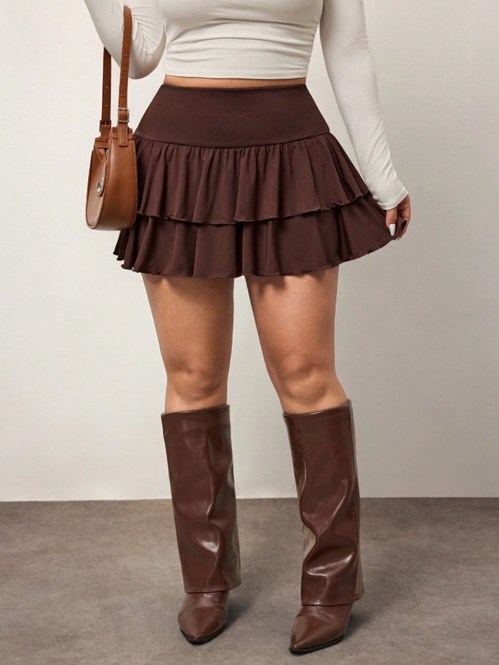 Chocolate Brown Women's Plus Size Tiered Low Waisted Mini A-Line Skirt - Picture 5 of 6